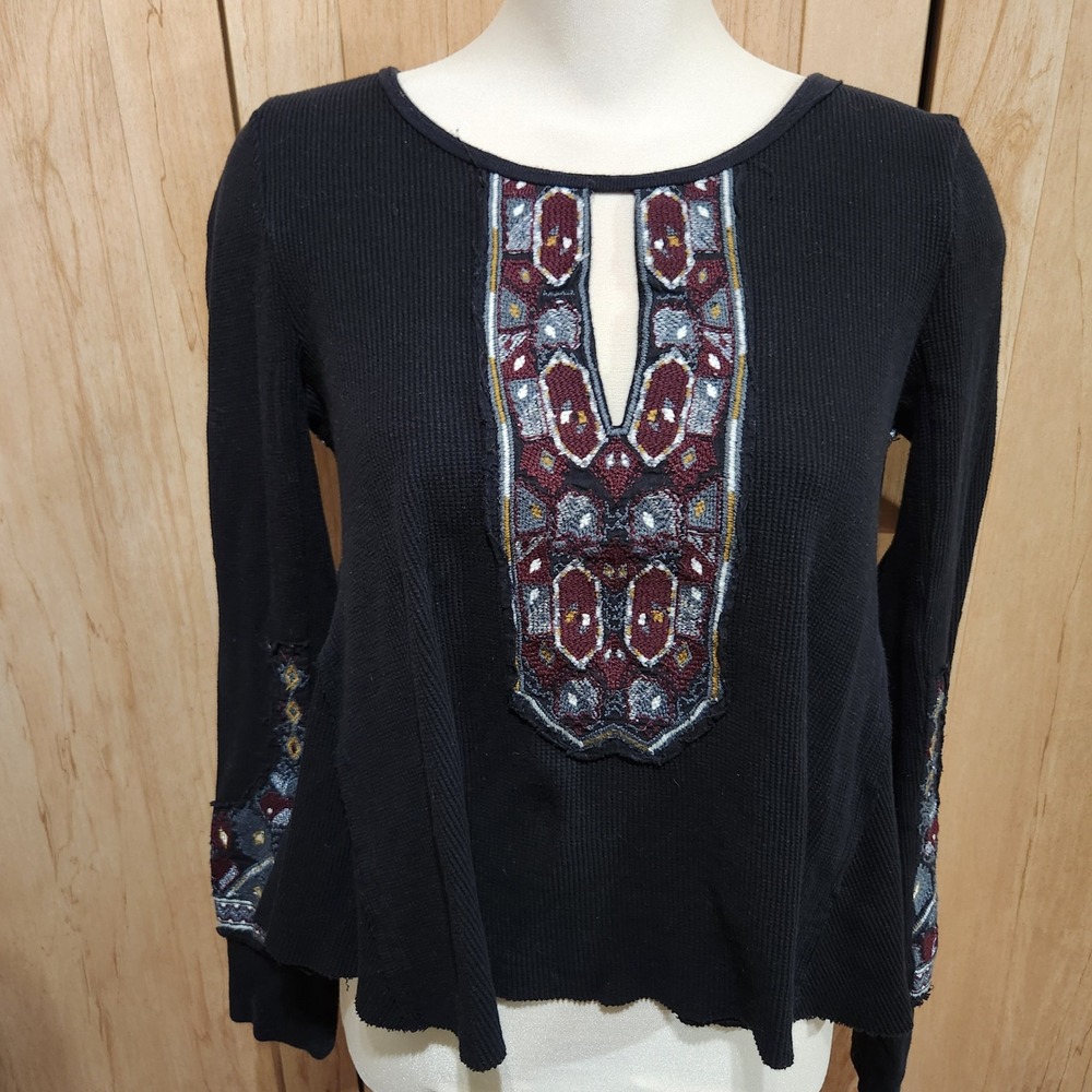 Free People Embroidered Waffle Knit Thermal Top Black Boho Split Neck